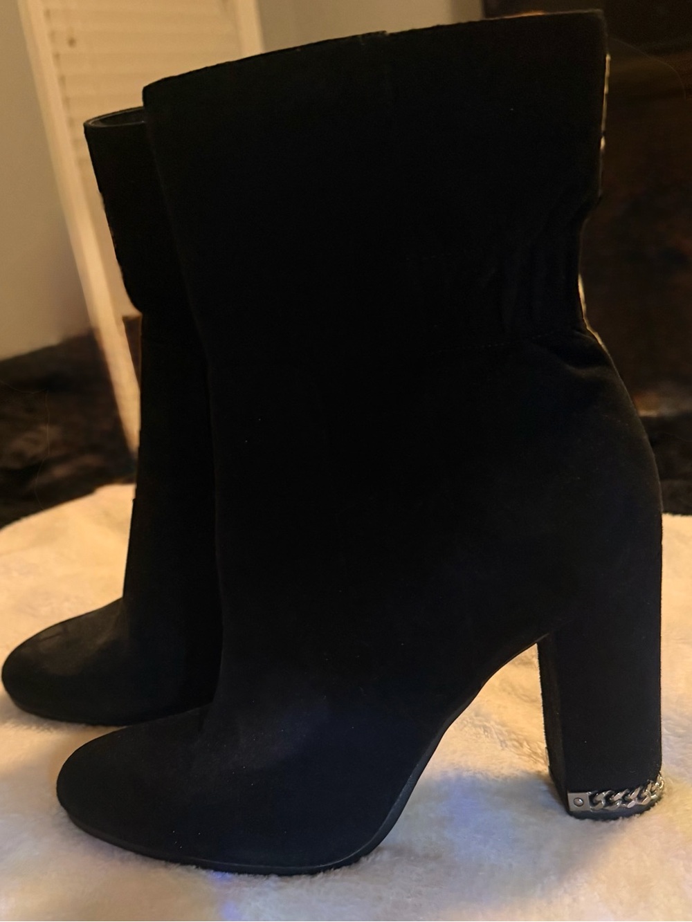 Michael Kors Black Suede Chain-Trim Block Heel Ankle Boots